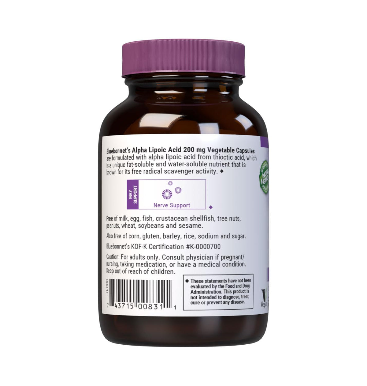 Détail des capsules végétales BlueBonnet Acide Alpha-Lipoïque