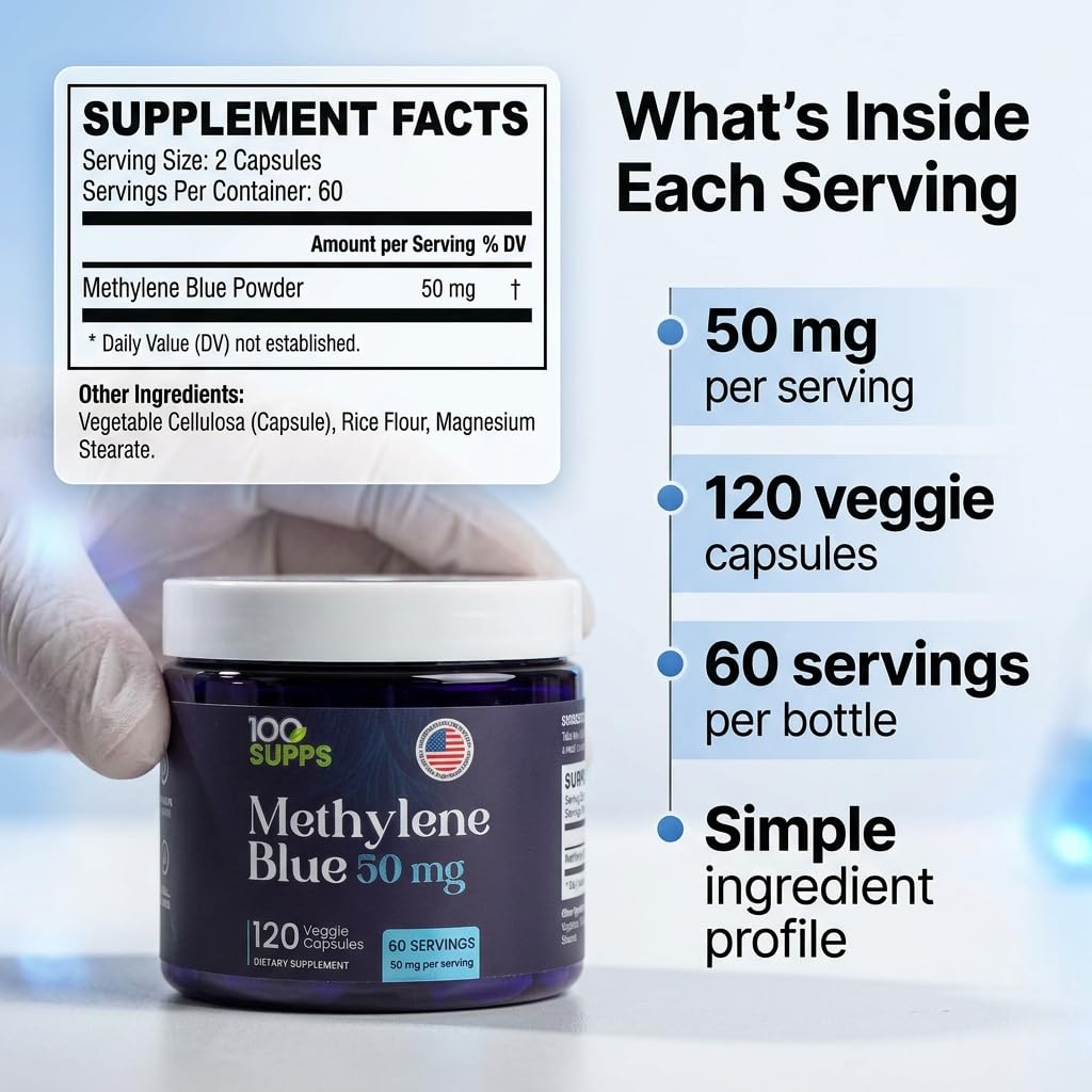 Détail des capsules végétales de bleu de méthylène 100 Supps
