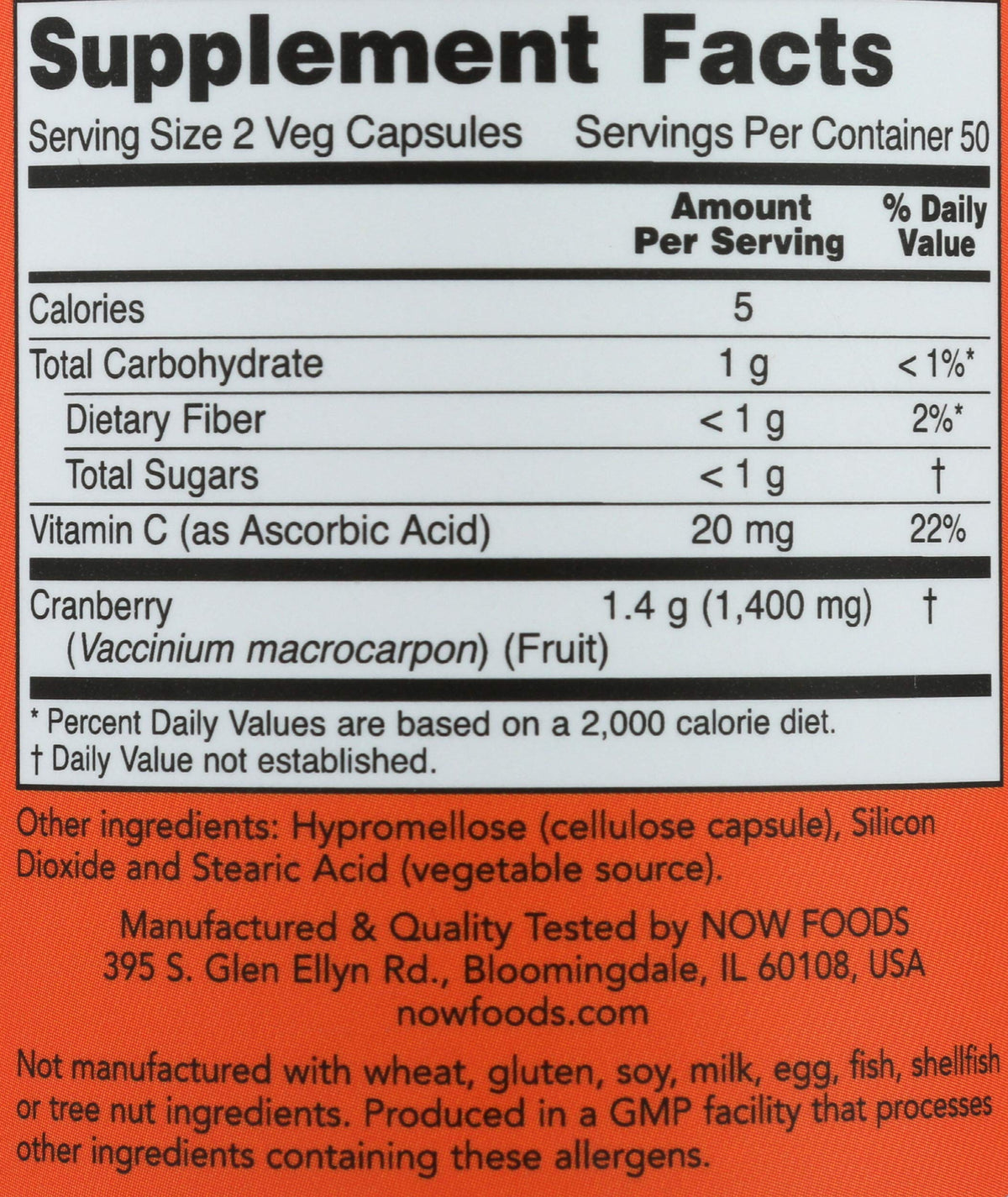 Détail des capsules végétales de canneberge NOW Foods
