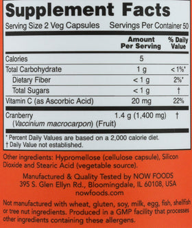 Détail des capsules végétales de canneberge NOW Foods