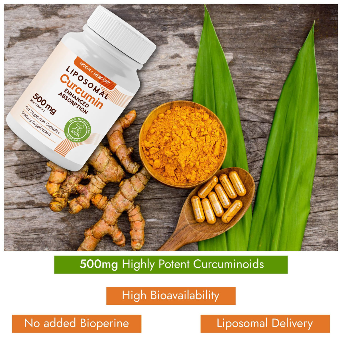 Détail des capsules végétales de curcuma liposomal de Moon + Mercury