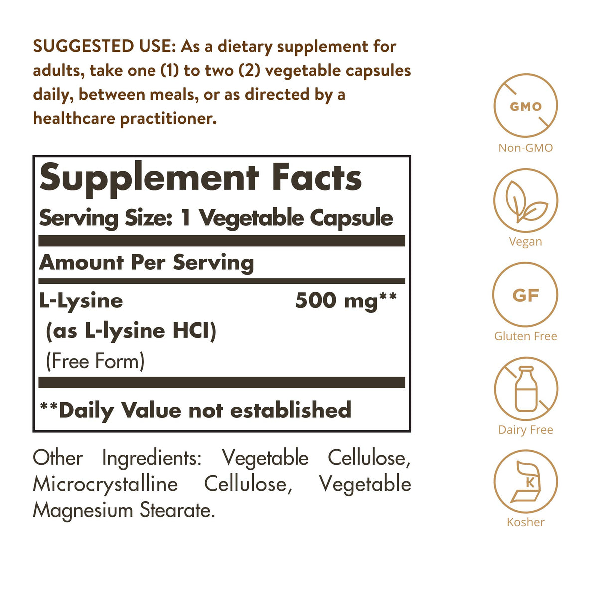 Détail des capsules végétales de L-Lysine Solgar 500 mg