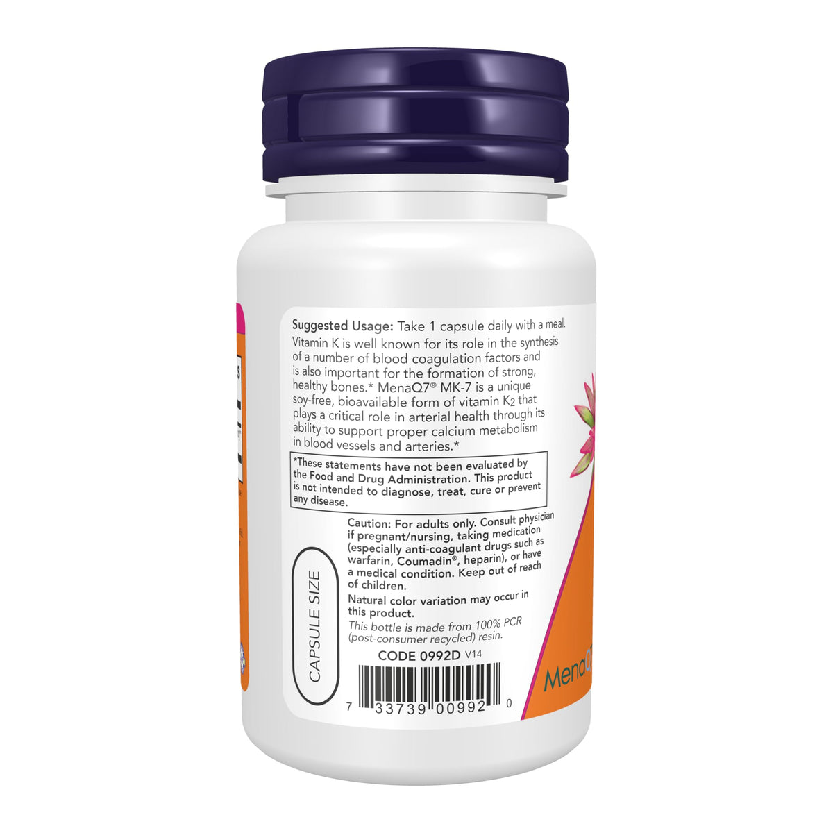 Détail des capsules végétales NOW Foods Vitamine K-2 MK-7