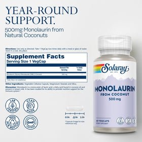 Détail des capsules végétales SOLARAY Monolaurin 500 mg