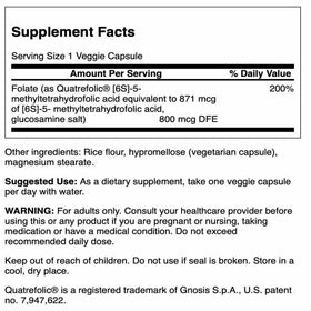 Détail des capsules végétaliennes de Swanson Folate 800 mcg