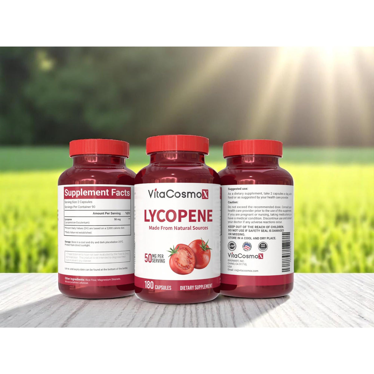 Détail des capsules végétaliennes VitaCosmoX de Lycopène avec étiquette
