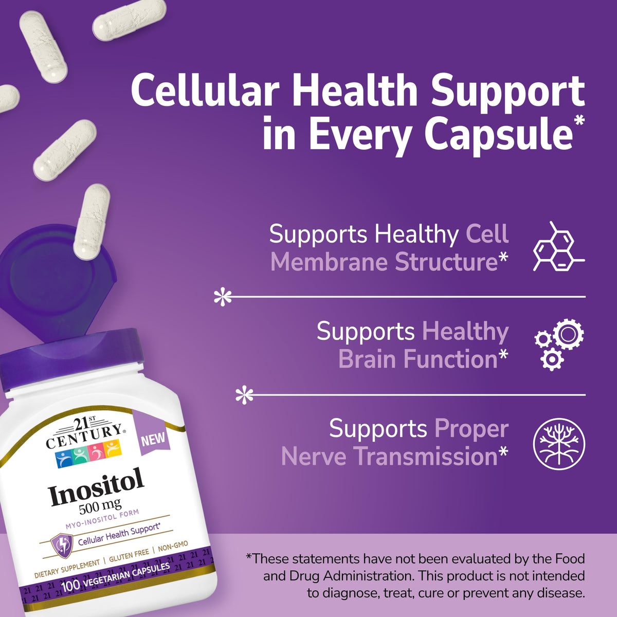 Détail des capsules végétariennes de 21st Century Inositol 500 mg