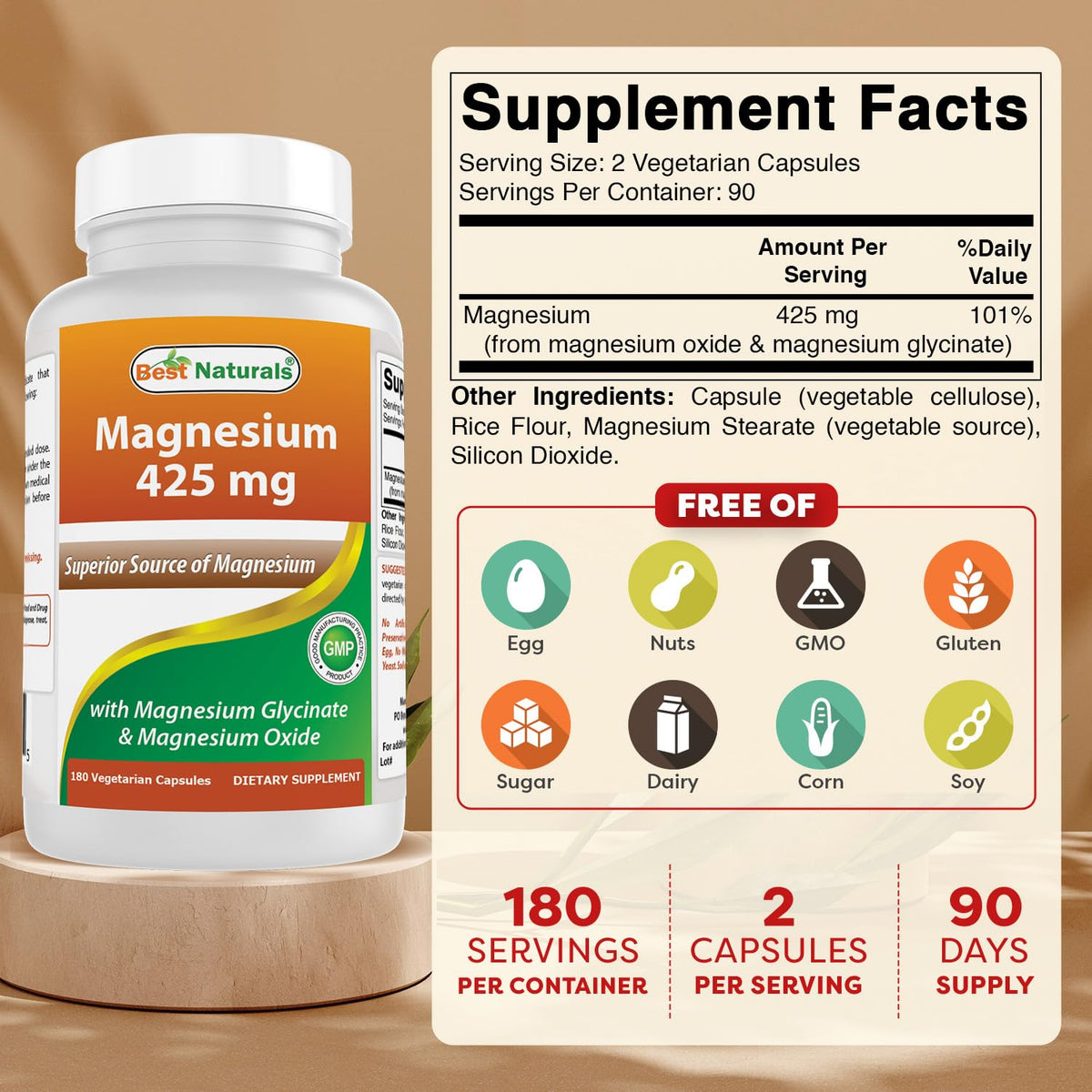 Détail des capsules végétariennes de Magnésium 425 mg de Best Naturals