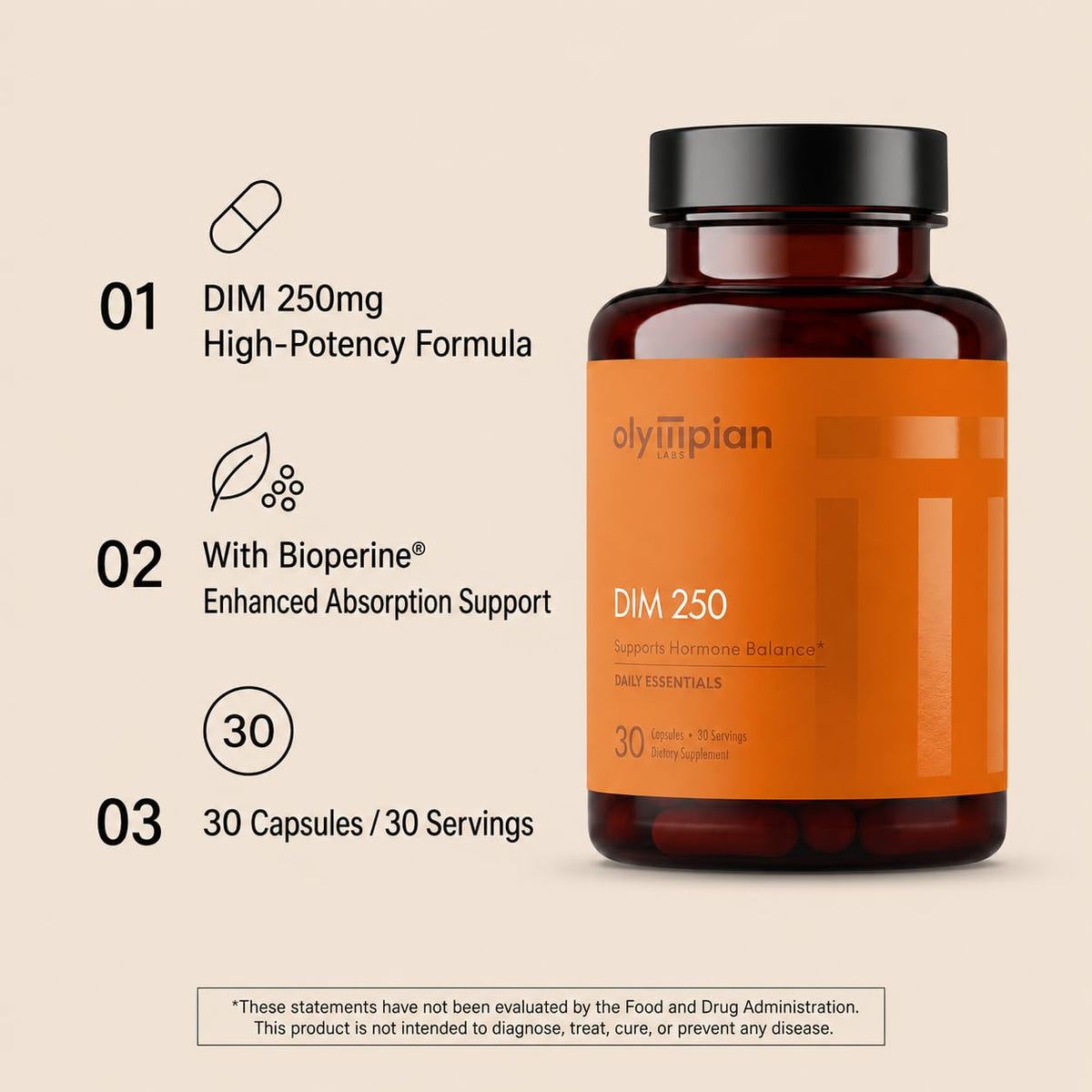 Détail des capsules végétariennes Olympian Labs DIM 250mg