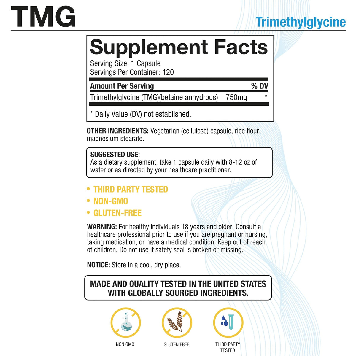Détail des capsules végétariennes P Puregen Labs TMG 750 mg