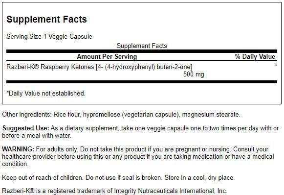 Détail des capsules végétariennes Swanson Razberi-K 500 mg