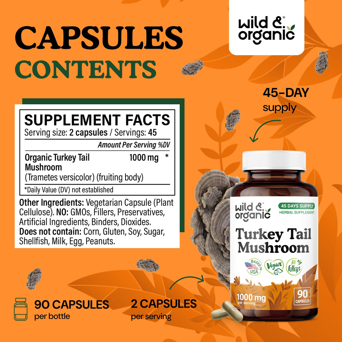 Détail des capsules Wild & Organic Turkey Tail 1000 mg