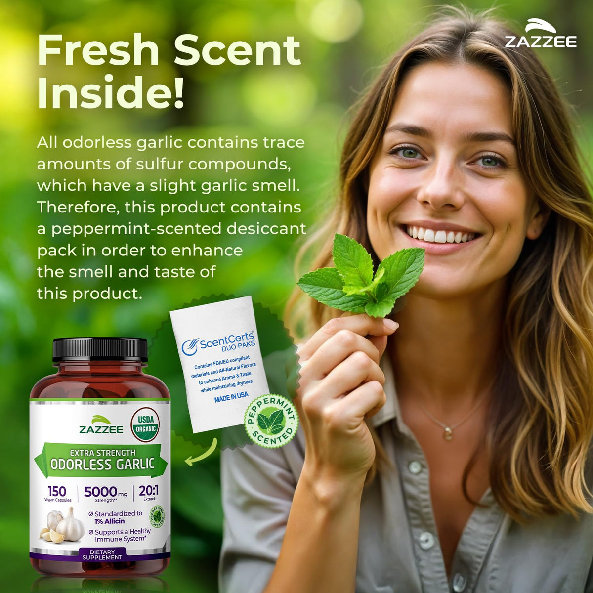 Détail des capsules Zazzee Extrait de Garlic Odorless Bio