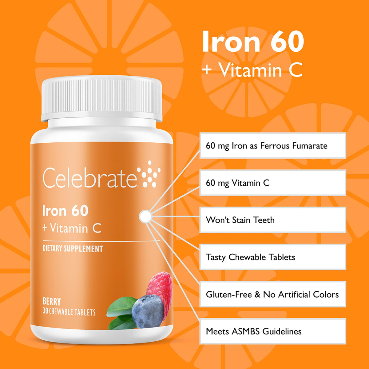 Détail des comprimés à mâcher Fer 60mg avec Vitamine C - Celebrate