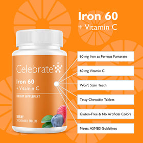 Détail des comprimés à mâcher Fer 60mg avec Vitamine C - Celebrate