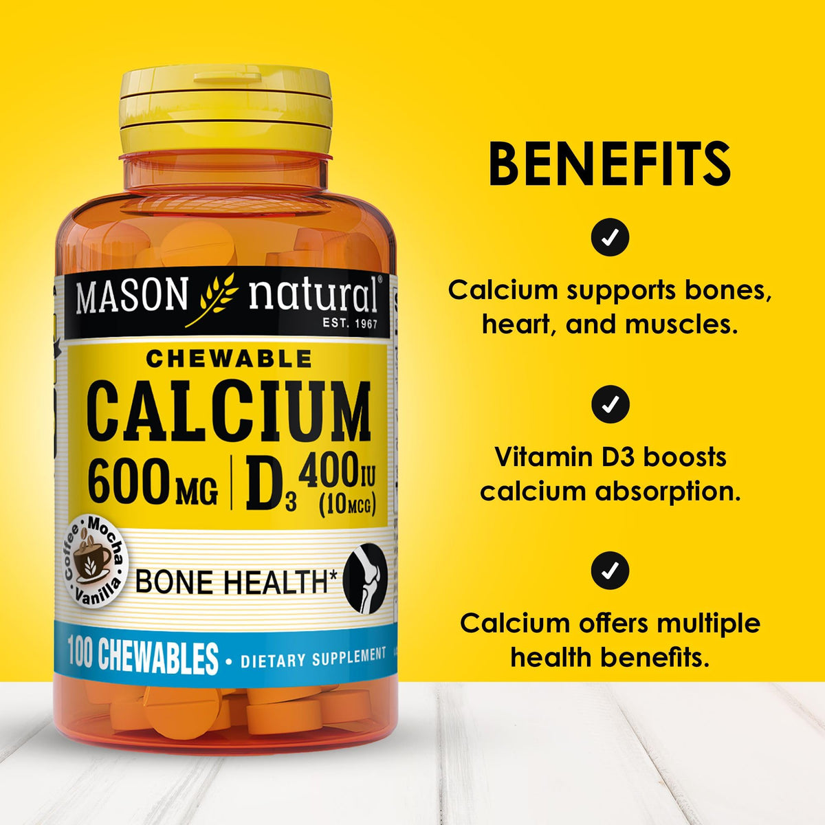 Détail des comprimés à mâcher MASON NATURAL Calcium 600 mg avec Vitamine D3