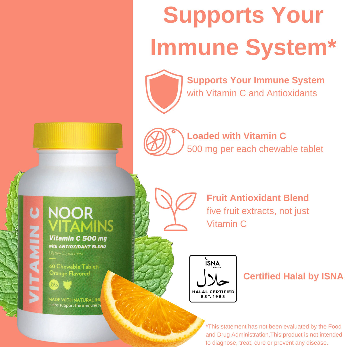Détail des comprimés à mâcher Vitamine C Halal Noor Vitamins