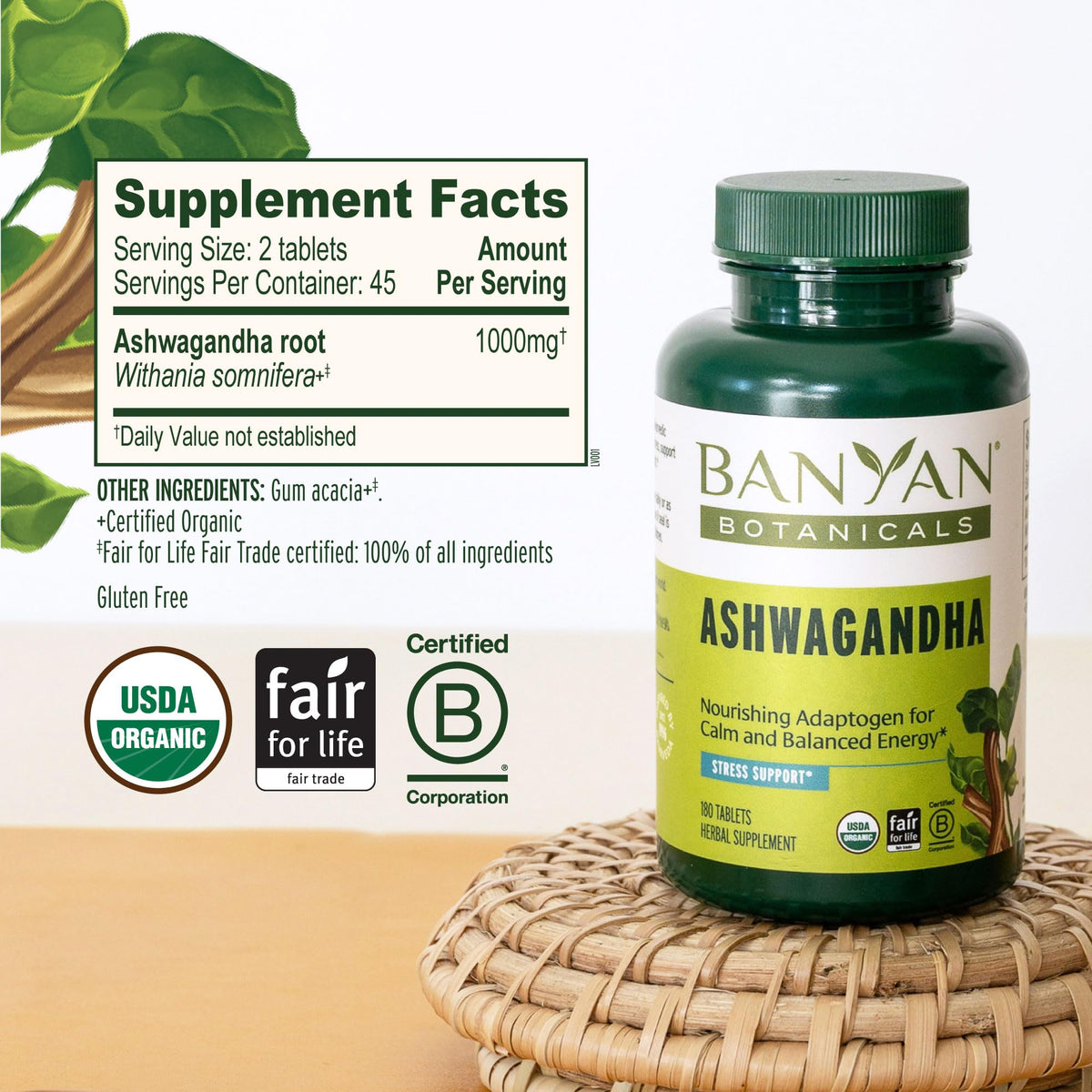Détail des comprimés Ashwagandha de Banyan Botanicals