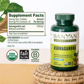 Détail des comprimés Ashwagandha de Banyan Botanicals