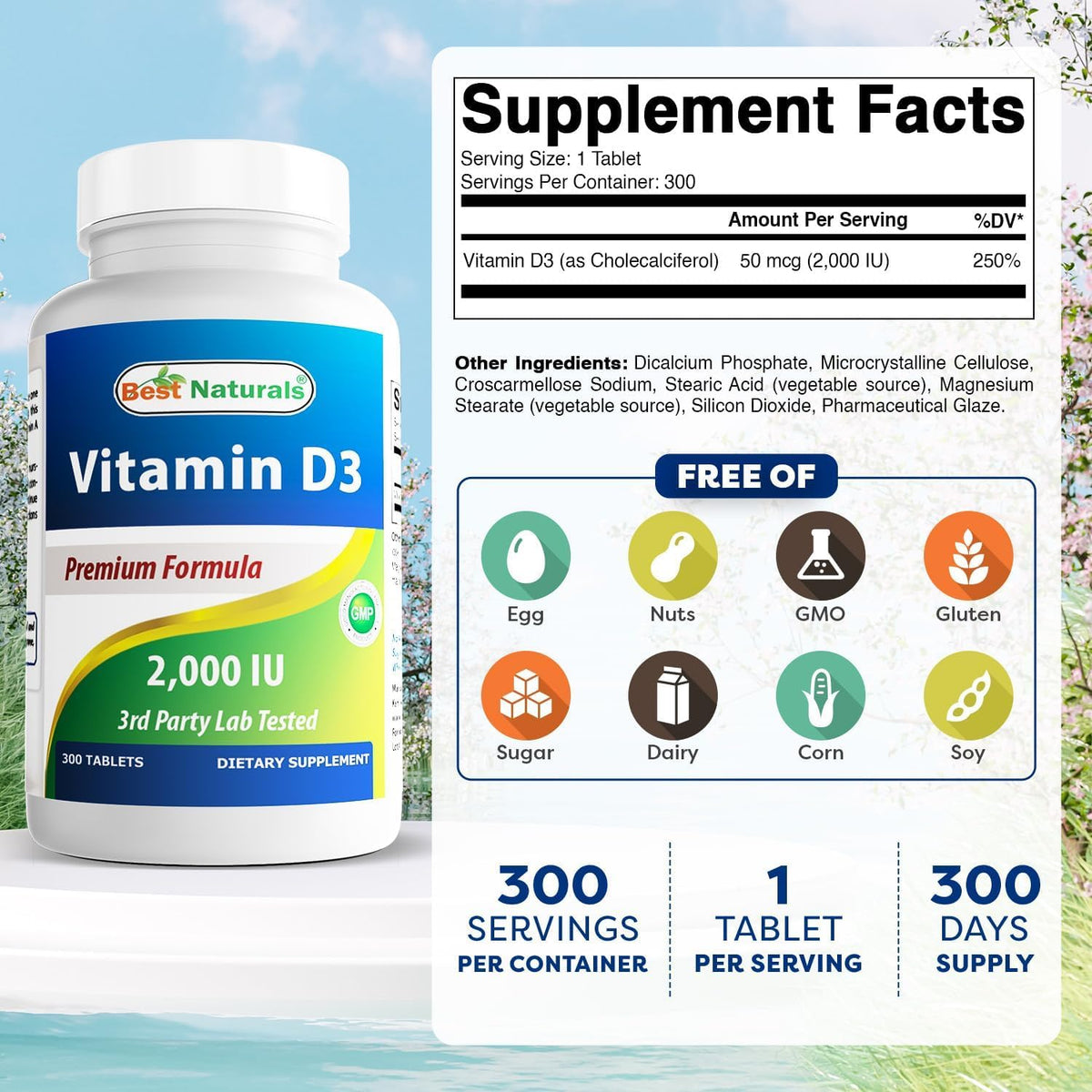 Détail des comprimés de Best Naturals Vitamine D3 2000 IU
