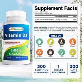 Détail des comprimés de Best Naturals Vitamine D3 2000 IU