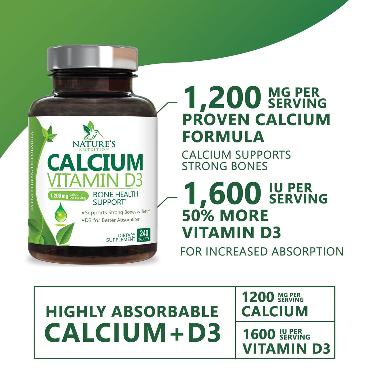 Détail des comprimés de Calcium 1200 mg avec Vitamine D3 de Nature's Nutrition