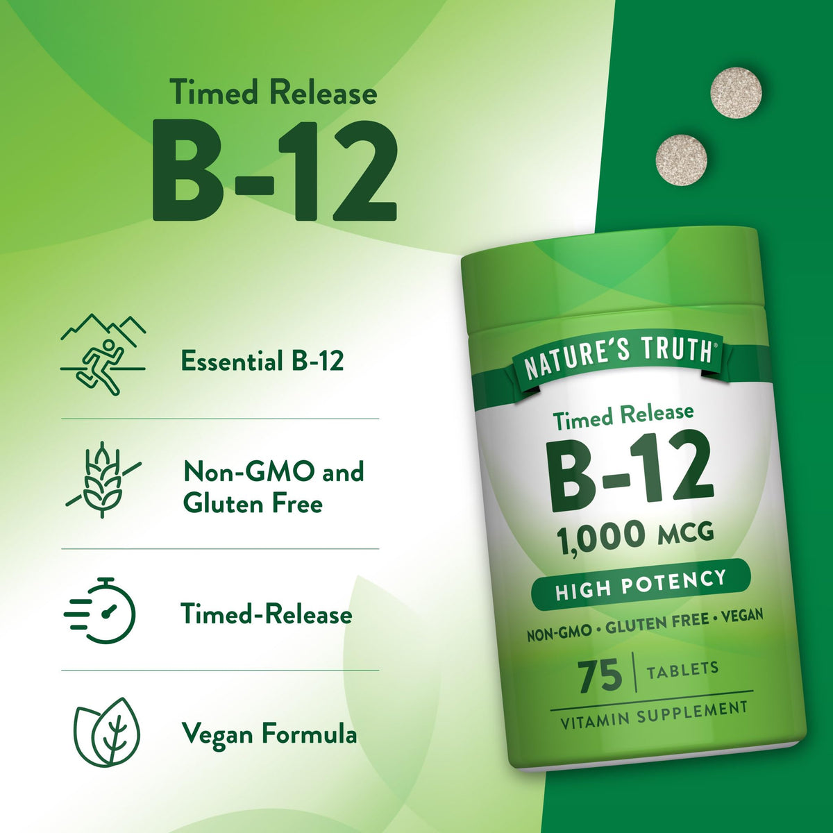 Détail des comprimés de Vitamine B12 Nature's Truth sur fond blanc