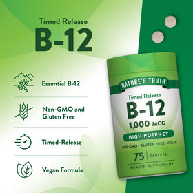 Détail des comprimés de Vitamine B12 Nature's Truth sur fond blanc