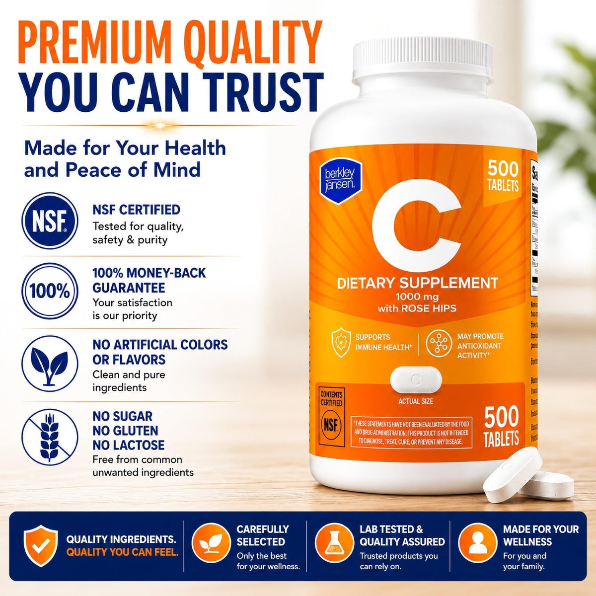 Détail des comprimés de Vitamine C 1000mg berkley jensen