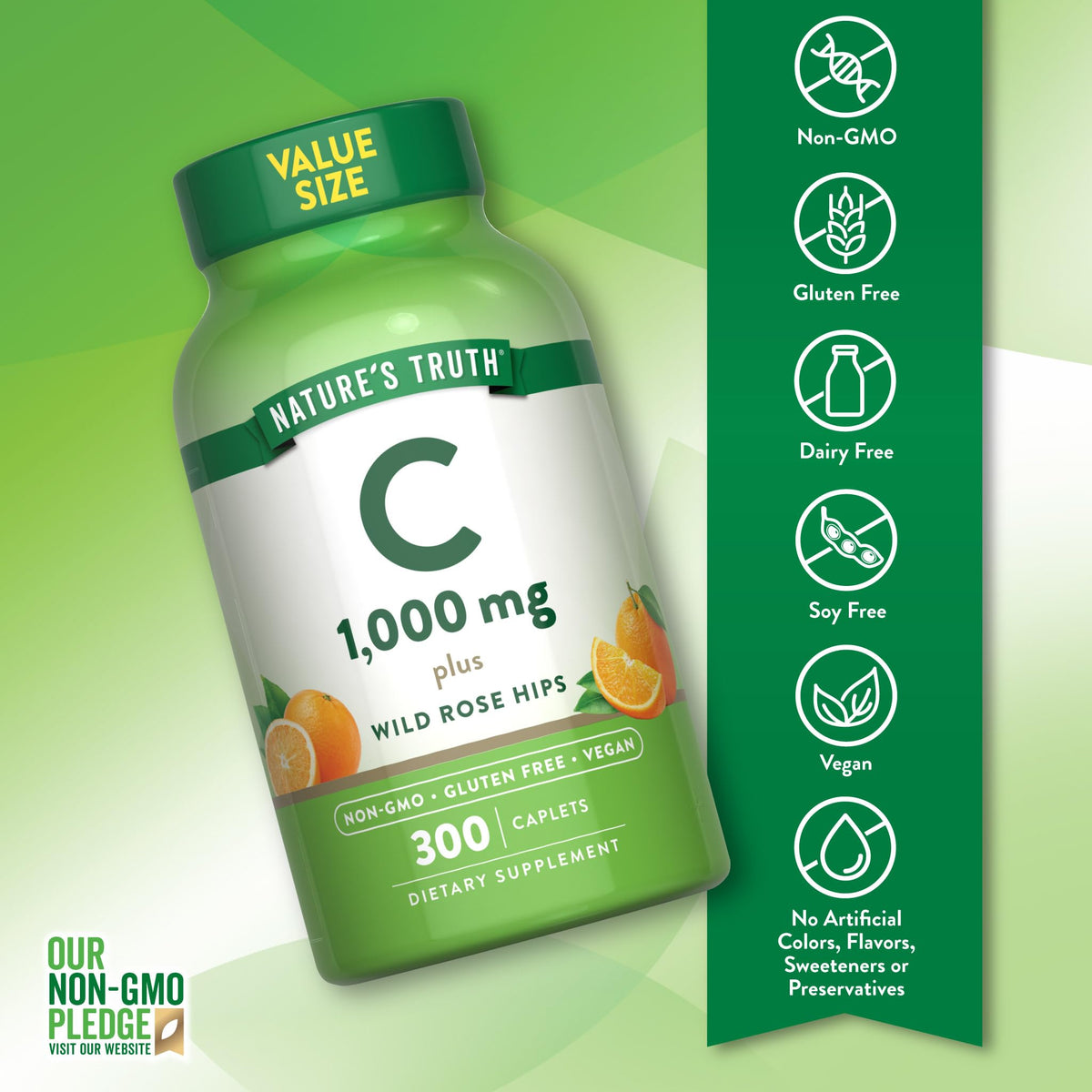 Détail des comprimés de Vitamine C Nature's Truth montrant la couleur