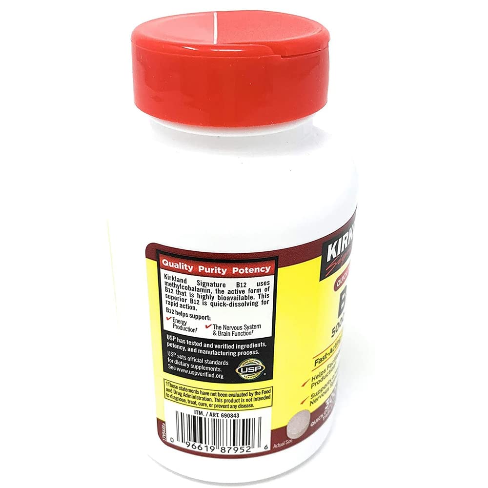 Détail des comprimés KIRKLAND B-12 avec saveur cerise