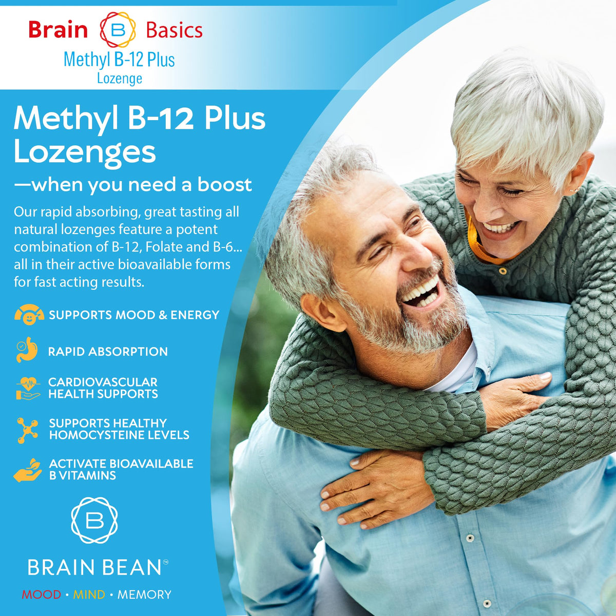 Détail des comprimés Methyl B-12 Brain Bean sur fond blanc