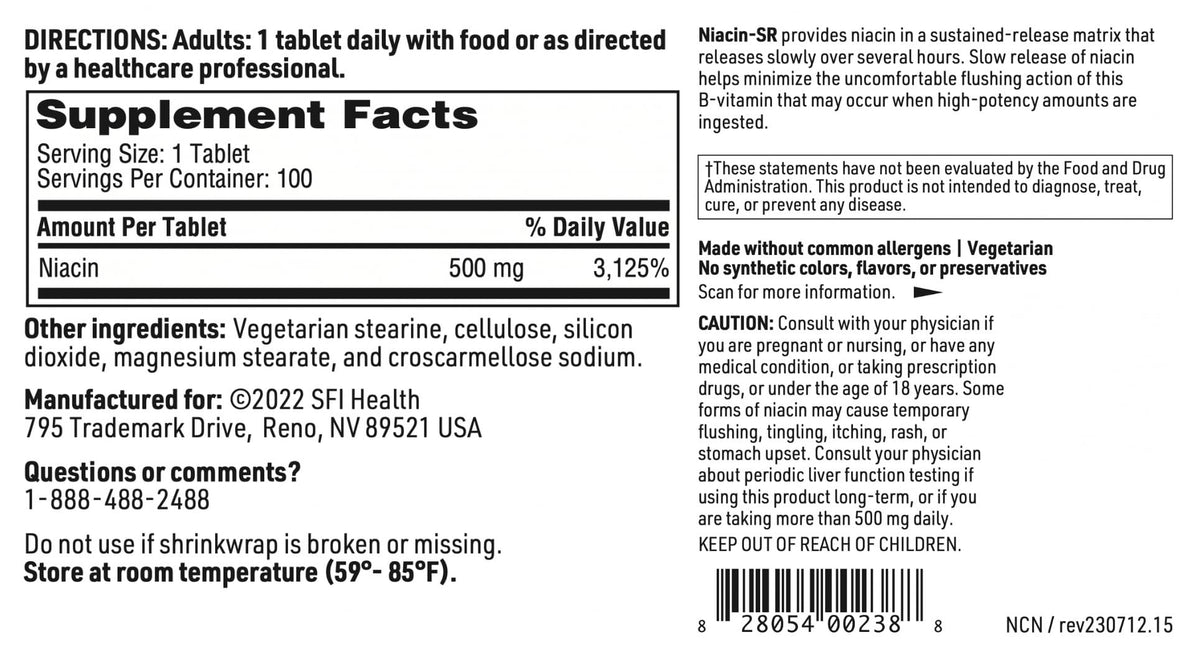 Détail des comprimés SFI Health Niacin-SR 500 mg avec échelle pour taille