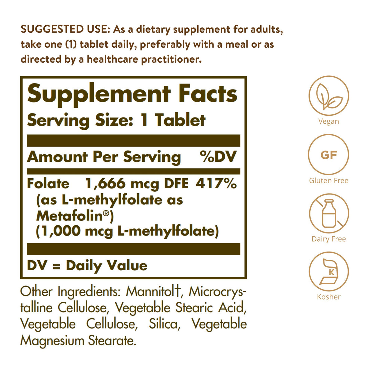 Détail des comprimés Solgar Folate 1000 mcg sur une surface blanche