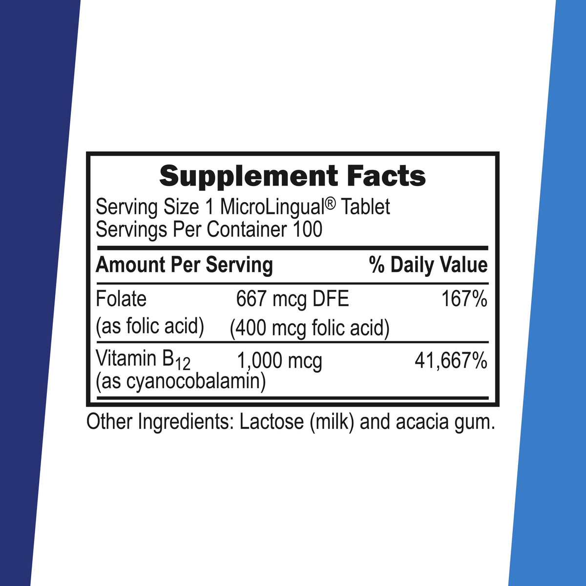 Détail des comprimés sublinguaux de vitamine B-12 et acide folique