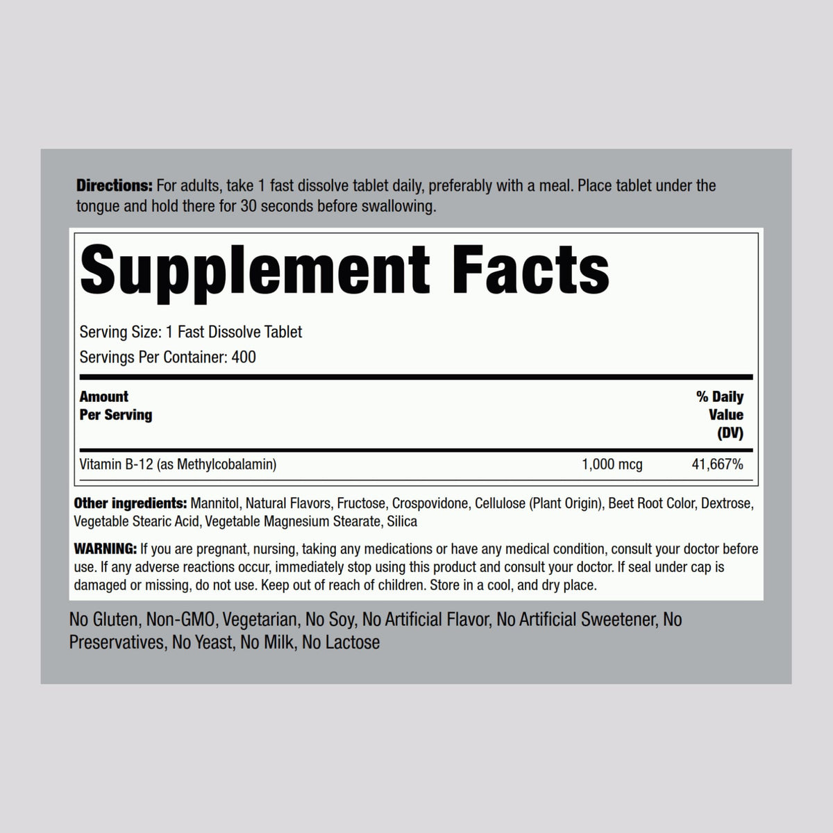 Détail des comprimés sublinguaux Piping Rock de vitamine B12