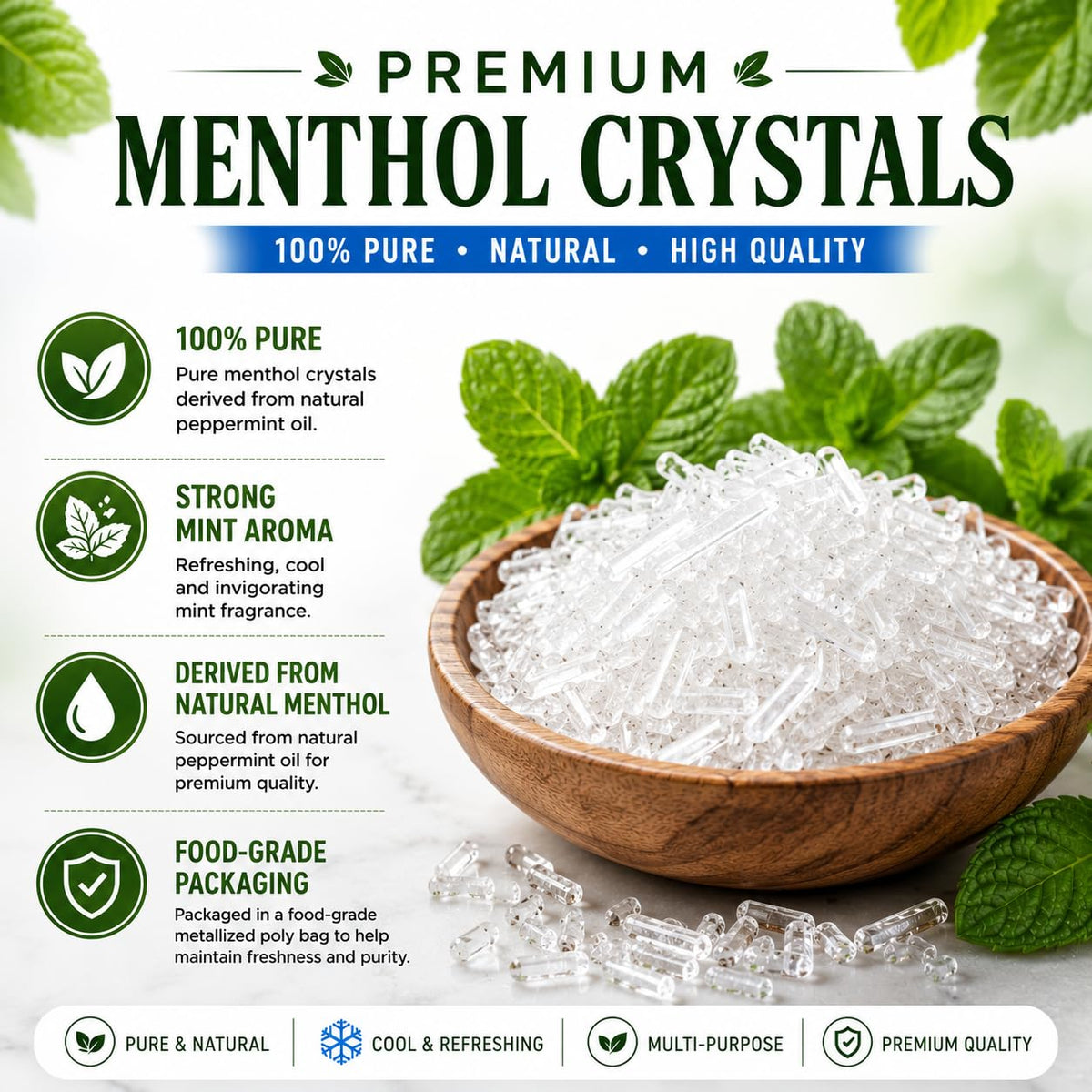 Détail des cristaux de menthol GreenHealth sur fond blanc