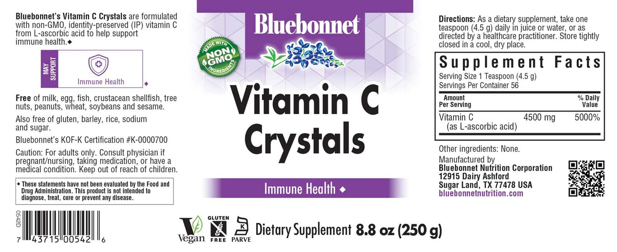 Détail des Crystals de Vitamine C BlueBonnet avec le dosage