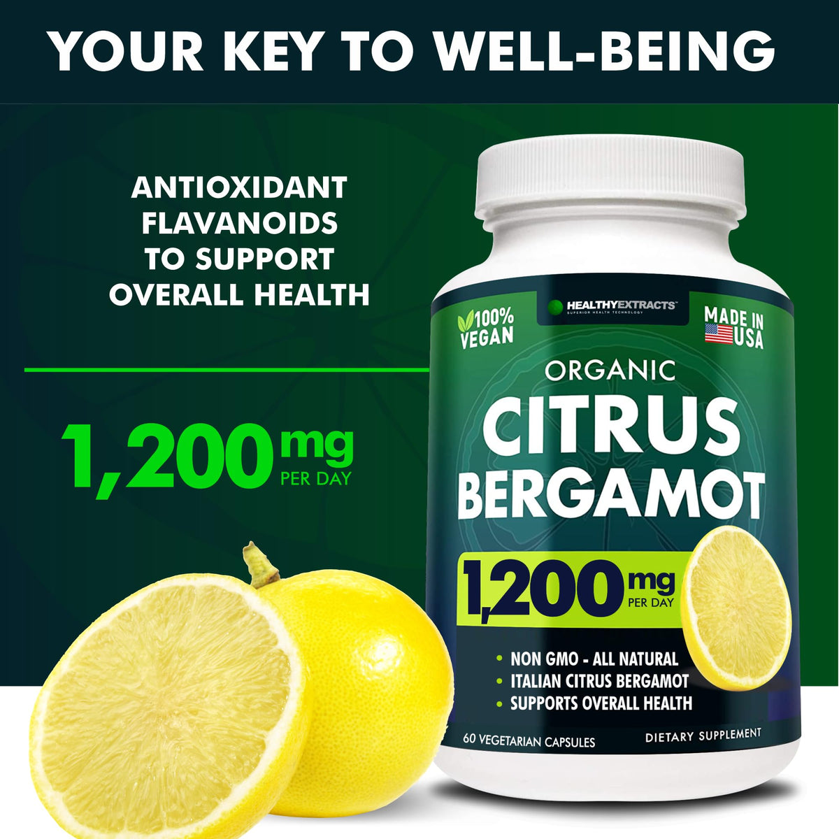 Détail des gélules Bergamote Citrus Healthy Extracts sur une table en bois