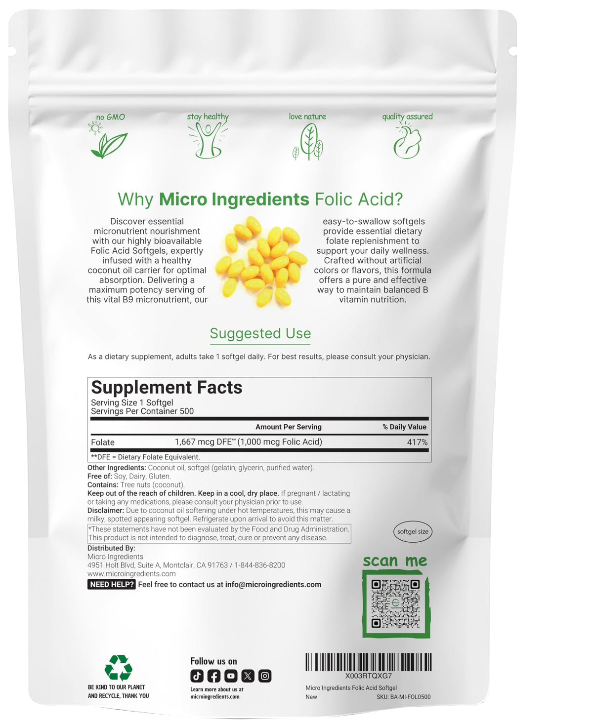Détail des gélules d'acide folique 1000 mcg avec huile de noix de coco