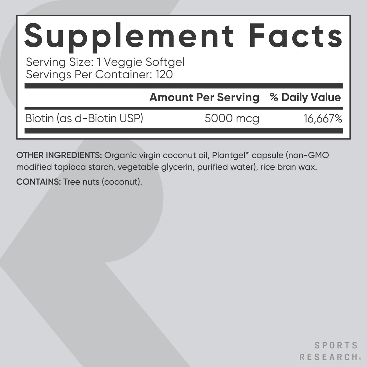 Détail des gélules de biotine Sports Research avec huile de coco