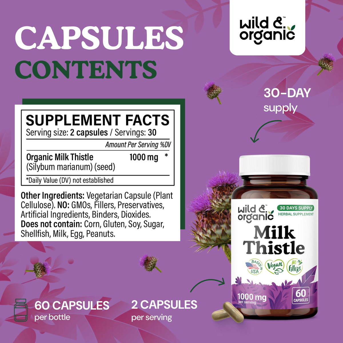 Détail des gélules de chardon-marie Wild & Organic avec étiquette
