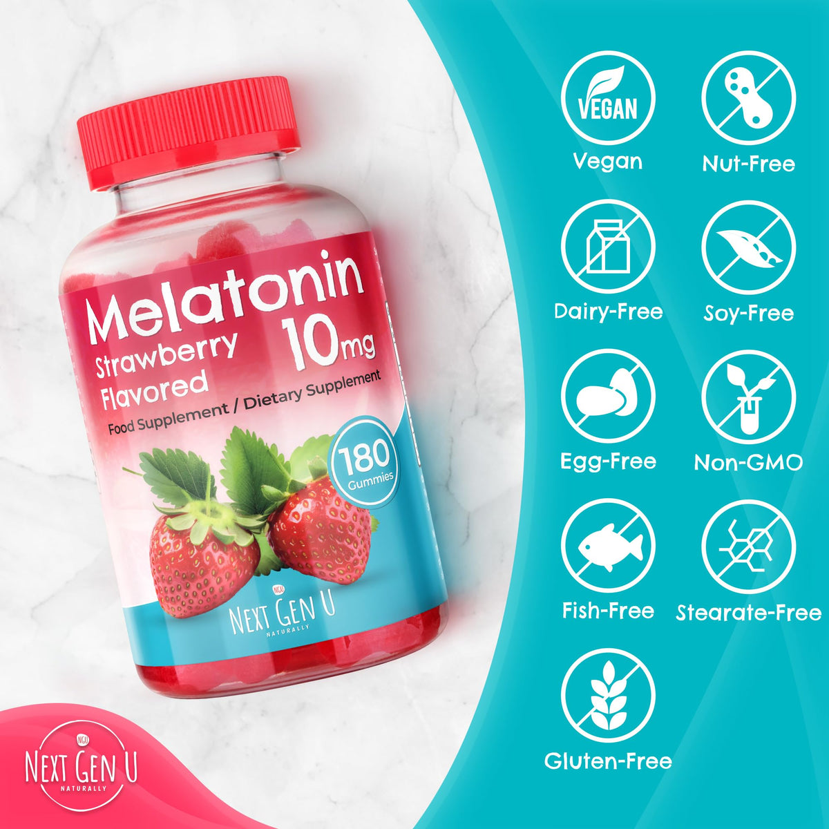 Détail des gélules de mélatonine NGU Next Gen U, 10 mg, sur une table