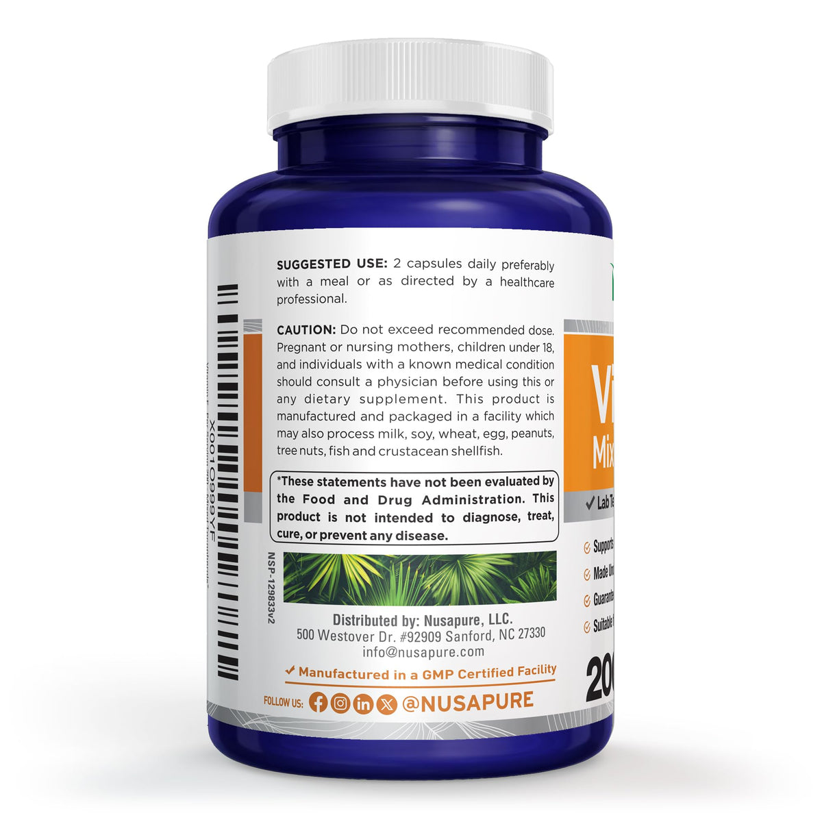 Détail des gélules de NusaPure Vitamine E avec étiquette visible