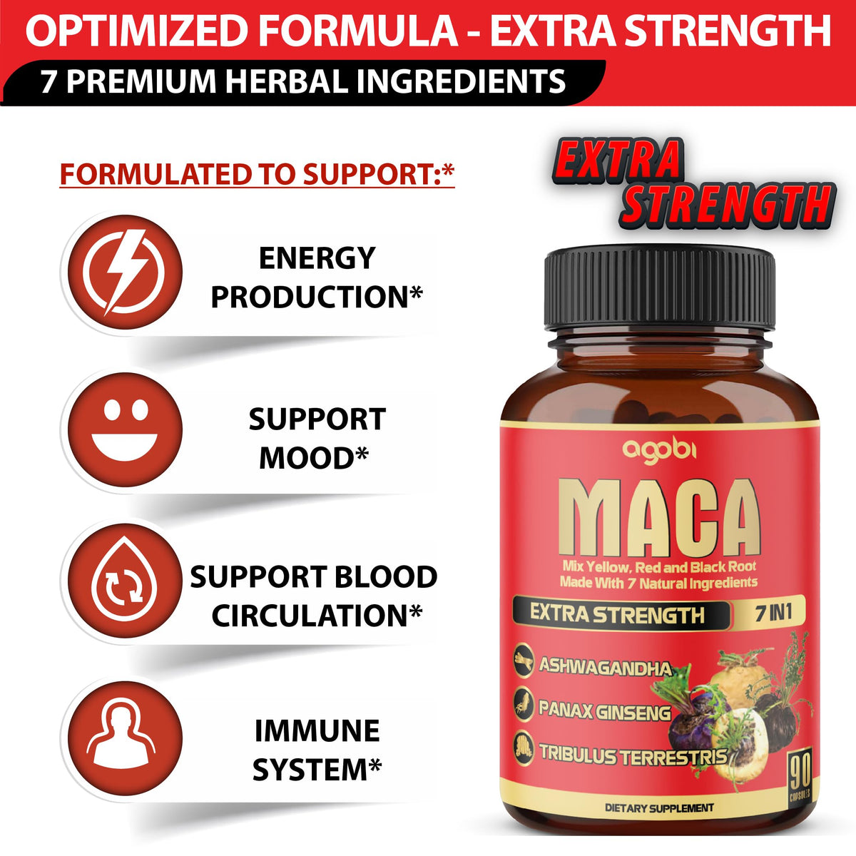 Détail des gélules de racine de Maca Agobi avec ingrédients