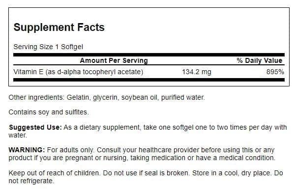 Détail des gélules de vitamine E Swanson 200 IU