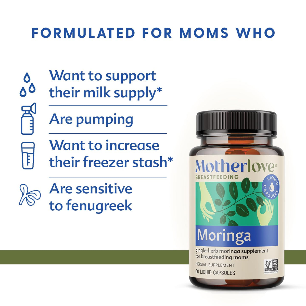 Détail des gélules liquides Motherlove Moringa sur une table