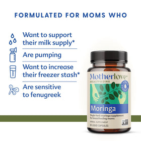 Détail des gélules liquides Motherlove Moringa sur une table