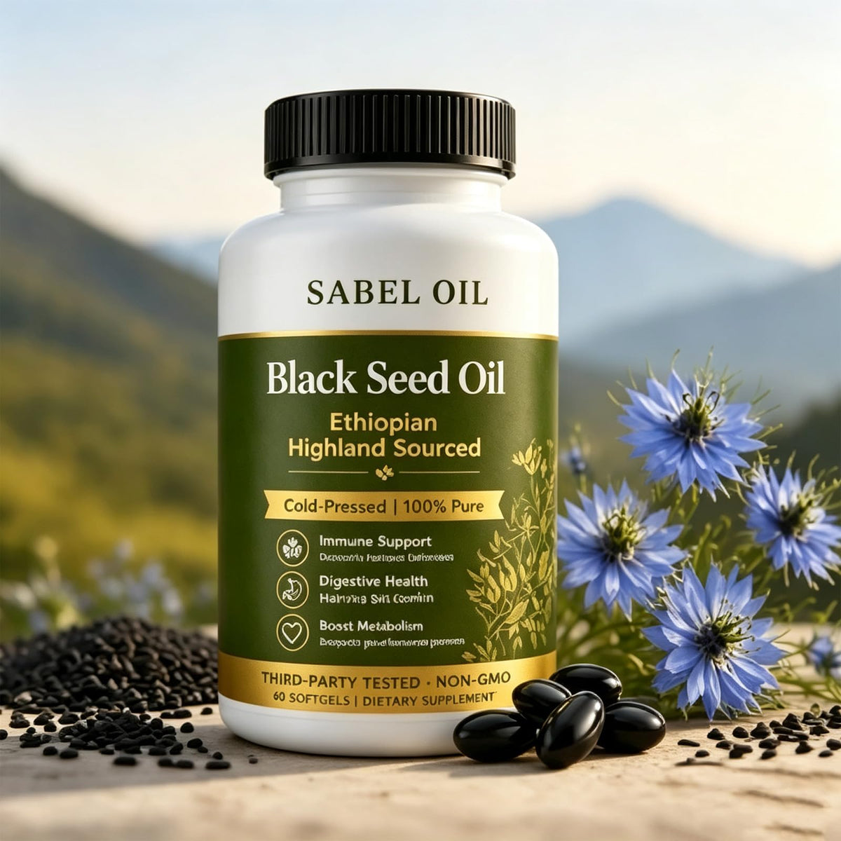 Détail des gélules molles d'huile de graines noires Sabel Oil