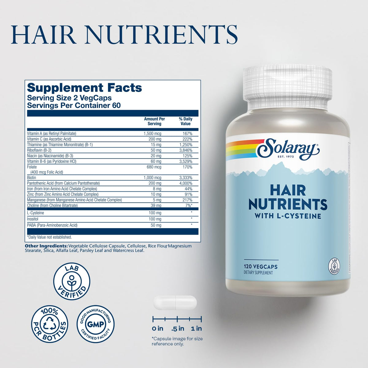 Détail des gélules Nutriments Capillaires SOLARAY sur fond blanc